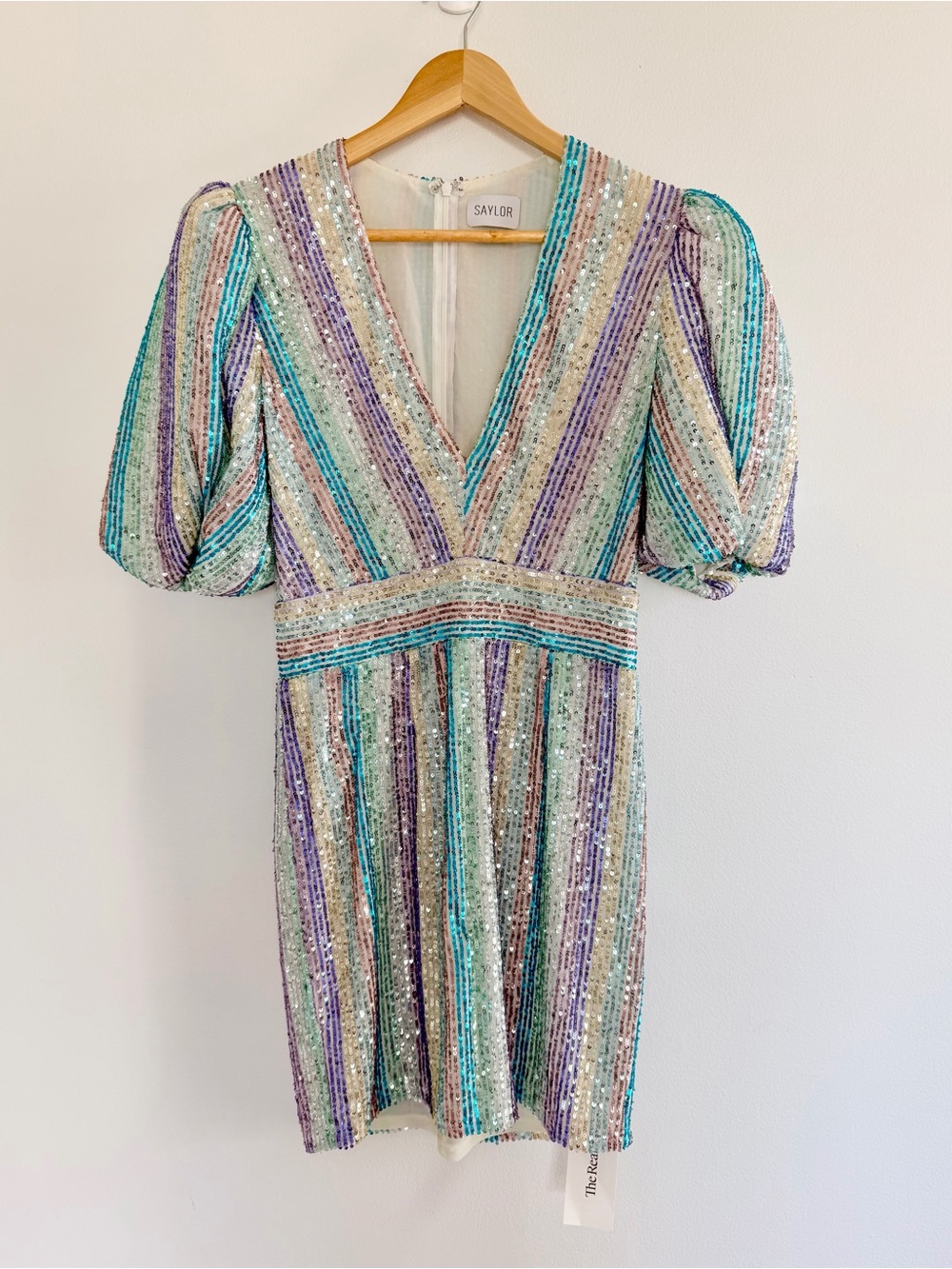 Saylor Indira Sequin Stripe Puff Sleeve Mini Dress – Size S - EUC